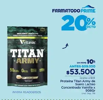 FarmaTodo Vitanas Proteina Titan Army de Suero Lacteo Concentrado Vainilla x 908gr oferta