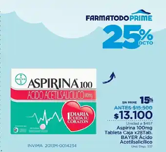 FarmaTodo Aspirina 100mg Tableta Caja x 28 Tab BAYER Acido Acetilsalicilico oferta