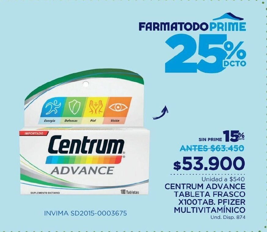 FarmaTodo Centrum Advance Tableta Frasco x 100 tab Pfizer Multivitaminico oferta