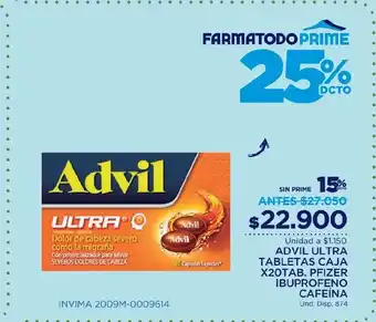 FarmaTodo Advil Ultra Tabletas Caja x 20 Tab Pfizer Ibuprofeno Cafeina oferta