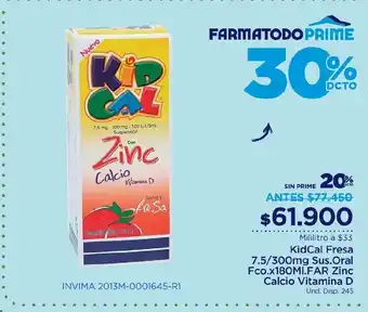 FarmaTodo KidCal Fresa 7.5 / 300mg Sus. Oral Fco x 180 ml FAR Zinc Calcio Vitamina D oferta