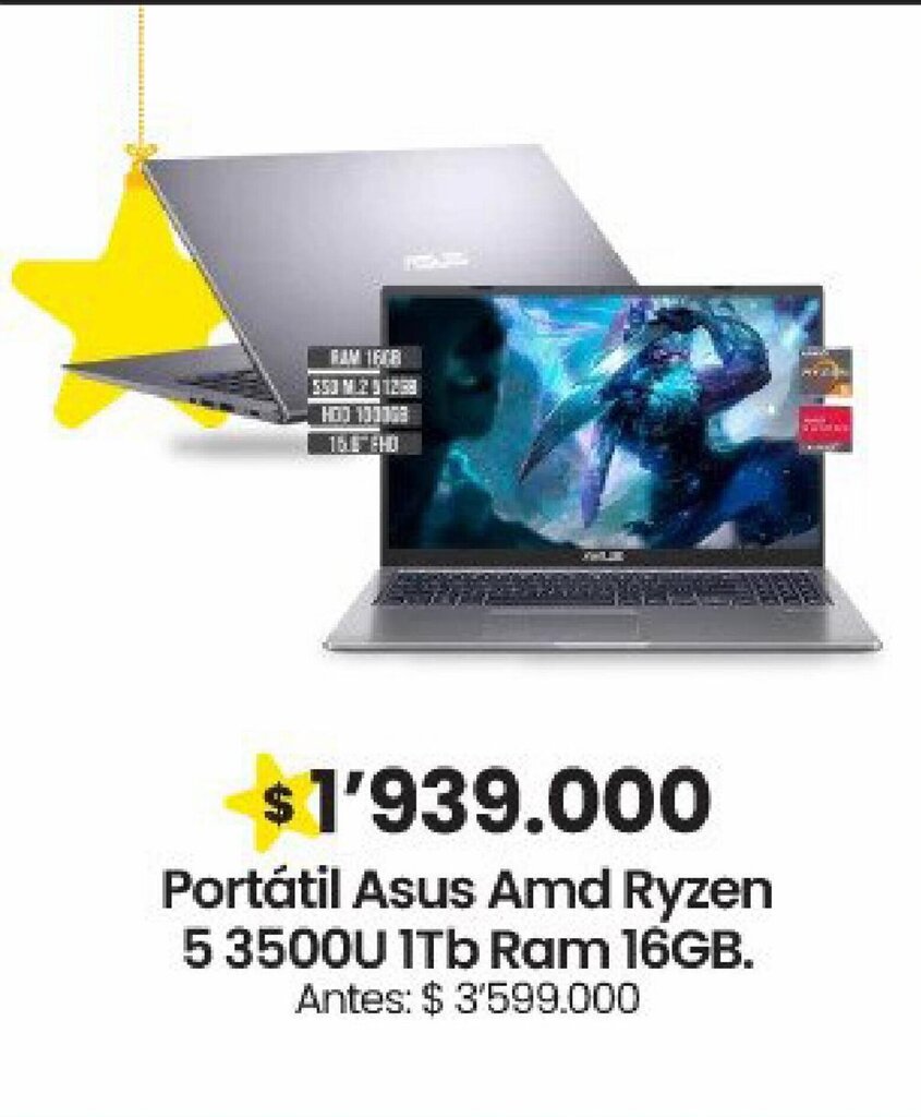 Éxito Asus Portatil Amd Ryzen 5 3500U 1TB Ram 16GB oferta