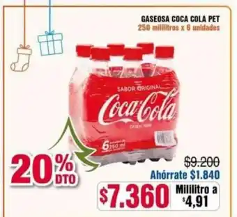 Gaseosa Coca Cola Pet 250 millilitros x 6 unidades