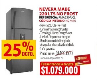 MercaCentro Nevera mabe 220 LTS no frost oferta