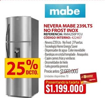 MercaCentro Nevera mabe 239LTS no frost inox oferta