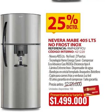 MercaCentro Nevera mabe 405 LTS no frost inox oferta