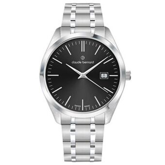 Kevin's Joyeros Reloj claude bernard analogo, para hombre, tablero redondo color negro, estilo index, pulso acero color plateado, calendario oferta