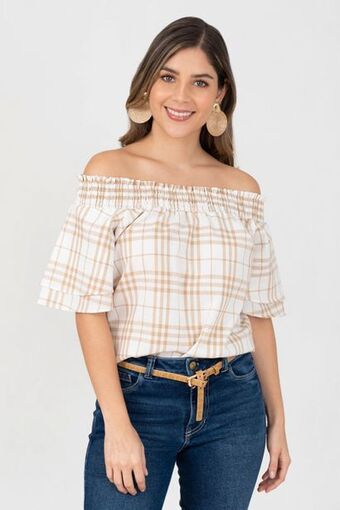 Unipunto Blusa off shoulders resortada manga corta en dos tiempos oferta