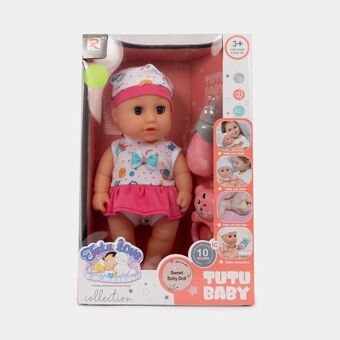 Panamericana Bebe de 28 cm con sonido, vestido rosado / blanco oferta