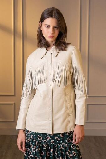 Vélez Chaqueta niger de cuero para mujer flecos blanco oferta