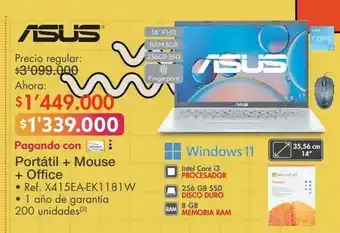 Metro Asus portátil + mouse + office • ref. x415ea-ek1181w oferta