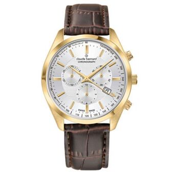 Kevin's Joyeros Reloj claude bernard analogo, para hombre, tablero redondo color plateado, estilo index, pulso cuero color café, calendario, oferta