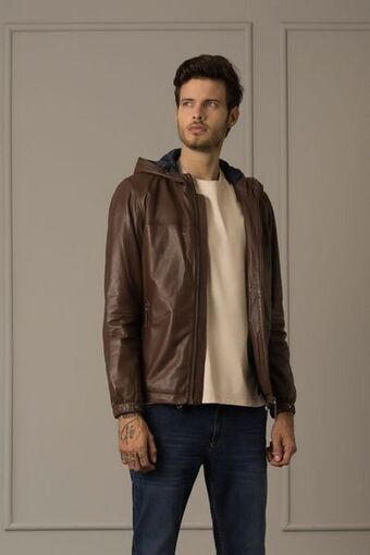 Vélez Chaqueta sporty humanista de cuero para hombre capucha fija cafe oferta
