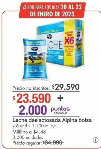 Metro Leche deslactosada alpina bolsa x 6 und x 1.100 ml c/u oferta