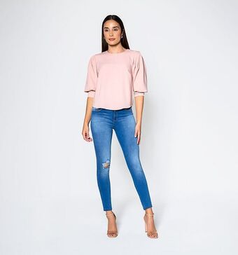 Studio F Blusa con manga globo y cuello redondo oferta