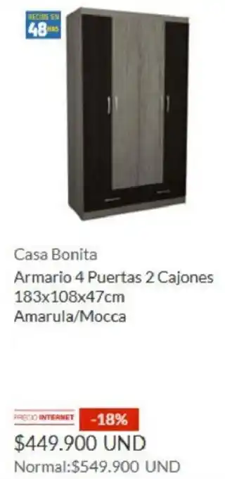 Homecenter Casa Bonita Armario 4 Puertas 2 Cajones 183x108x47cm Amarula/Mocca oferta