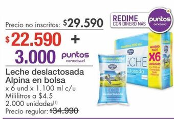 Metro Leche deslactosada alpina en bolsa x 6 und x 1.100 ml c/u oferta