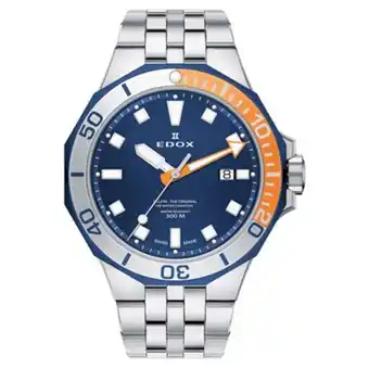 Reloj edox analogo, para hombre, tablero redondo color azul, estilo index, pulso acero color plateado, calendario, cronografo