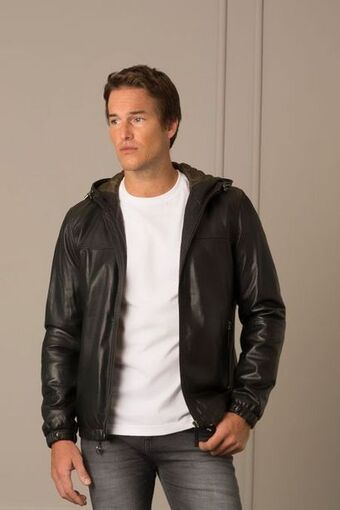 Vélez Chaqueta sporty humanista de cuero para hombre capucha fija negro oferta