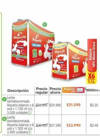 Jumbo Leche semidescremada alquería balance x 6 und x 1.100 ml c/u oferta