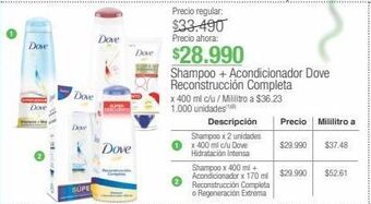 Jumbo Shampoo + acondicionador dove reconstrucción completa x 400 ml c/u / oferta