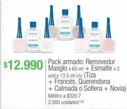 Jumbo Pack armado: removedor masglo x 60 ml + esmalte x 2 und x 13.5 ml c/u (tiza + francés, querendona + calmada o soltera + novia oferta
