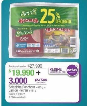 Jumbo Salchicha ranchera x 480 g + jamón pietrán x 431 g oferta