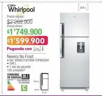Jumbo Whirlpool nevera no frost • ref. wrw27cktww topmount • 284 l oferta
