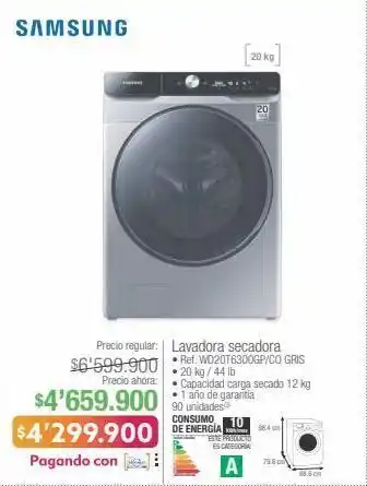 Jumbo Samsung lavadora secadora • ref. wd20t6300gp/co gris • 20 kg / 44 lb oferta