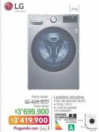 Jumbo Lg lavadora secadora • ref. wd16eg2s6 silver • 16 kg / 35 lb oferta