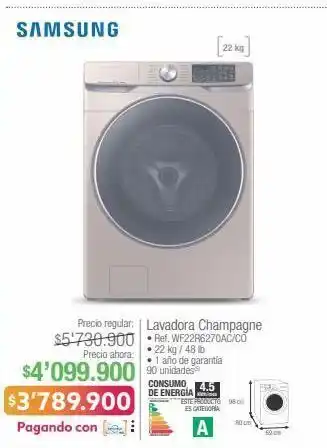 Jumbo Samsung lavadora champagne • ref. wf22r6270ac/co • 22 kg / 48 lb oferta
