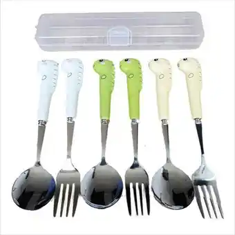 Éxito Set cubiertos x2 cuchara tenedor dinosaurio color + estuche oferta
