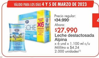 Metro Leche deslactosada alpina x 6 und x 1.100 ml c/u oferta