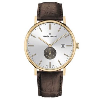 Kevin's Joyeros Reloj claude bernard analogo, para hombre, tablero redondo color plateado, estilo index, pulso cuero color café, calendario oferta