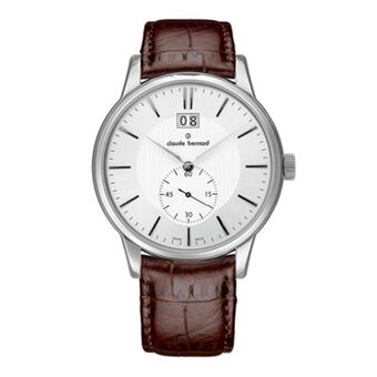 Kevin's Joyeros Reloj claude bernard analogo, para hombre, tablero redondo color plateado, estilo index, pulso cuero color café, calendario oferta