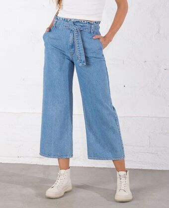 Naf Naf Jean para mujer tono claro wide leg tiro súper alto con cintura enresortada oferta