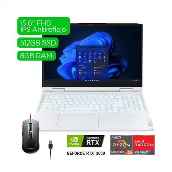 Metro Computador portátil gaming 3 lenovo 15arh7 ryzen 5 h 8gb 512gb ssd 15,6" blanco + mouse + nvidia geforce rtx 3050 4gb gddr6 w oferta