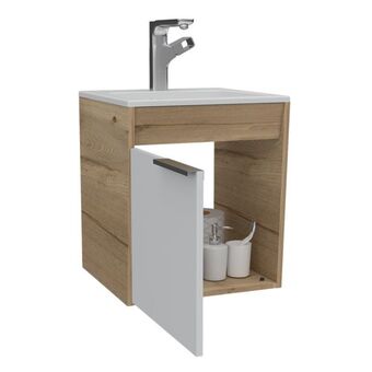 Mueble lavamanos burco, café claro y blanco, con espacio para ubicar objetos de aseo, incluye lavamanos