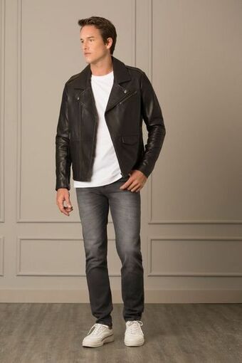 Vélez Chaqueta biker de cuero para hombre silueta clásica oferta