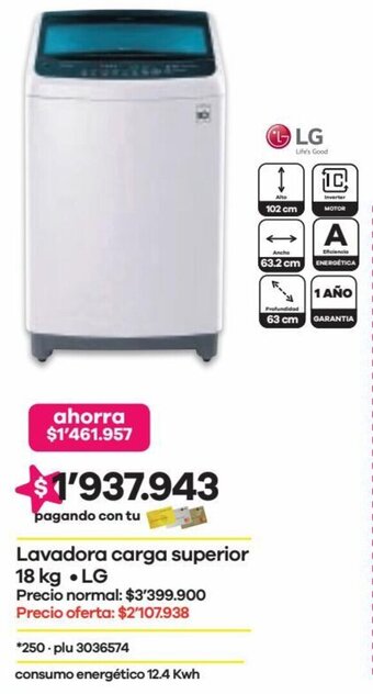 Éxito LG Lavadora Carga Superior 18kg oferta