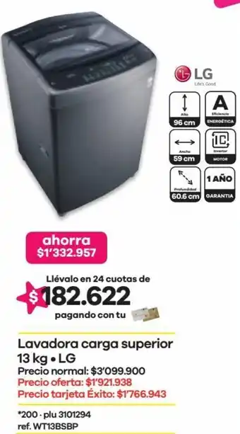 Éxito LG Lavadora Carga Superior 13kg oferta