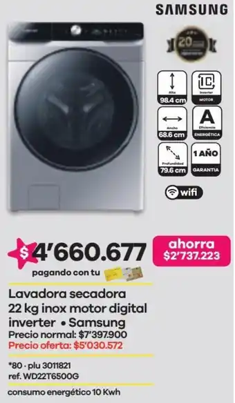 Éxito Samsung Lavadora Secadora 22kg Inox Motor Digital Inverter oferta
