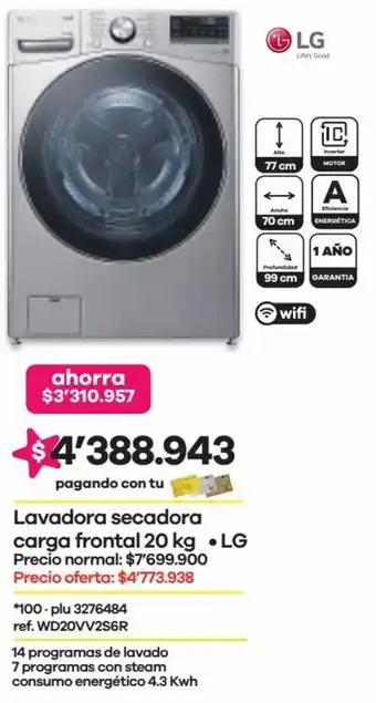 Éxito LG Lavadora Secadora Carga Frontal 20kg oferta
