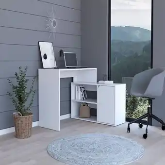 Éxito Escritorio en l wuhan, blanco, con múltiples entrepaños para ubicar objetos y una puerta abatible cop oferta