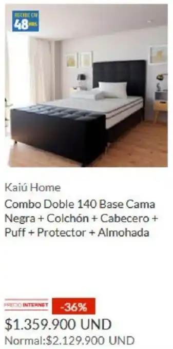 Kaiú Homes Combo Doble 140 Base Cama Negra + Colchón + Cabecero + Puff + Protector + Almohada