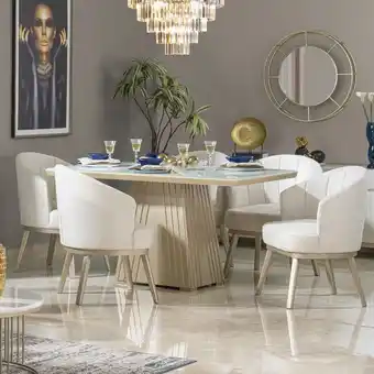 Muebles Jamar Comedor 6 puestos jansen velvet sand, champaña ultraglass poliuretano oferta