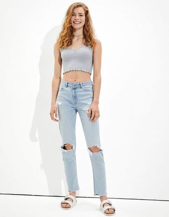 American Eagle Mom jean ae stretch crossover de tiro alto con rotos oferta