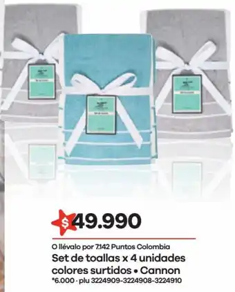 Éxito Cannon Set Toallas 4 Unidades Colores Sutidos oferta