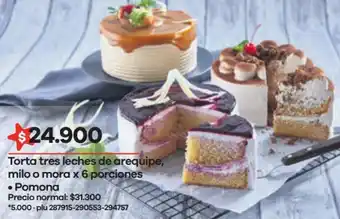 Éxito Pomona Torta Tres Leches de Arequipe Milo o Mora 6 Porciones oferta