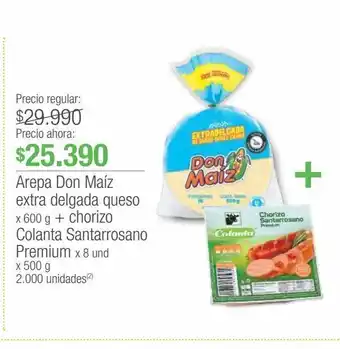 Jumbo Arepa don maíz extra delgada queso x 600 g + chorizo colanta santarrosano premium x 8 und x 500 g oferta